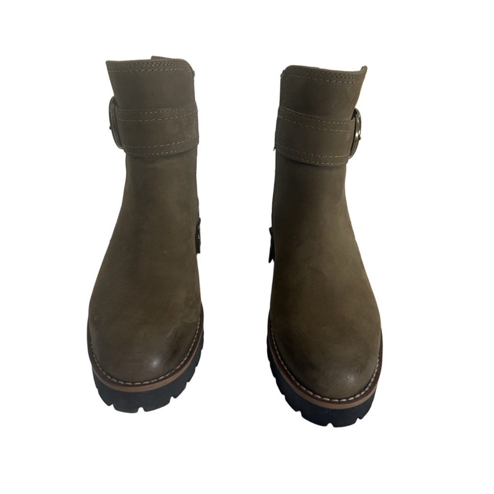 EUC Blondo Waterproof Army Green Leather Ankle Boots 7.5M Lug Sole 2.5” Heel